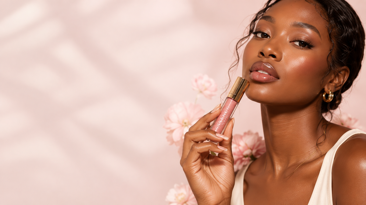 Woman applying a sheer pink lip product in warm natural light